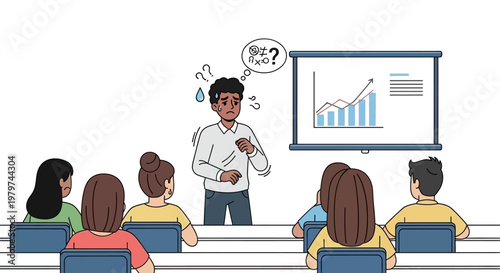 An anxious presenter struggling to explain a rising graph to an attentive audience