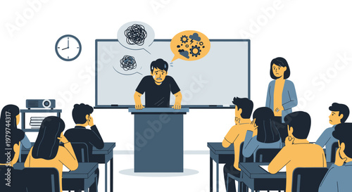 Illustration of a stressed speaker presenting in front of a classroom with students looking on, a projector is set up on a table, and a clock hangs on the wall
