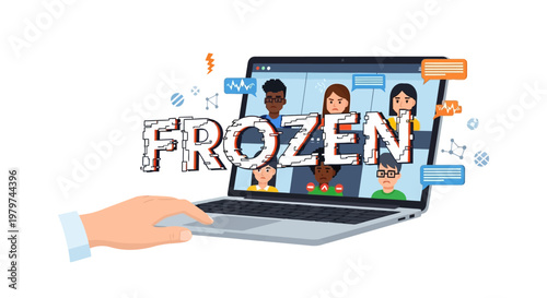 Remote Team Meeting Glitch Laptop Screen Freezes During Video Call with Diverse Participants, Illustrating Technical Difficulties