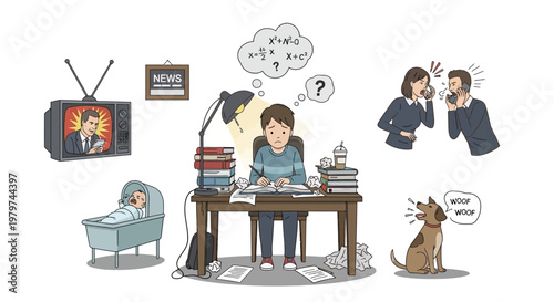 A stressed student surrounded by distractions and responsibilities, struggling to focus on their studies