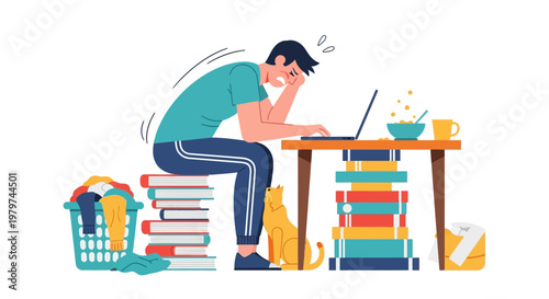 Overwhelmed student struggling with a mountain of books and assignments while juggling chores and a pet