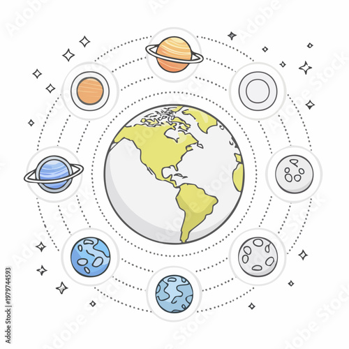 Illustration of Earth and planets orbiting in solar system.