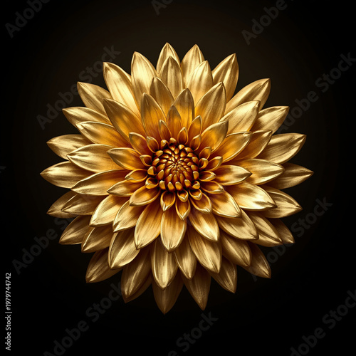 Luxury gold chrysanthemum flower with metallic glowing petals on a dark black background. Symbol of prosperity, wealth, and success in feng shui concept. 