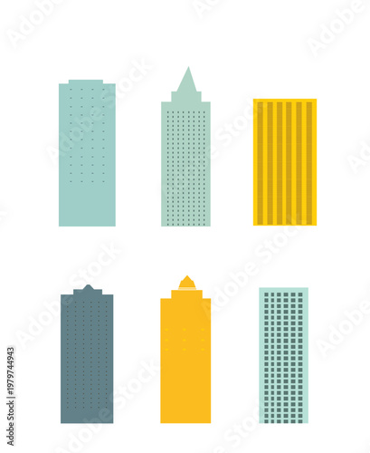 Modern city skyline buildings vector collection presenting urban architecture, minimalist flat design skyscrapers, and abstract towers illustrating business and development
