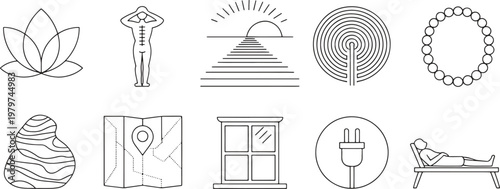 A diverse collection of minimalist line art icons representing wellness and travel.