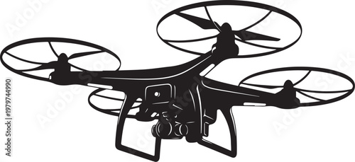 Black Drone with Camera and Rotating Blades Silhouette