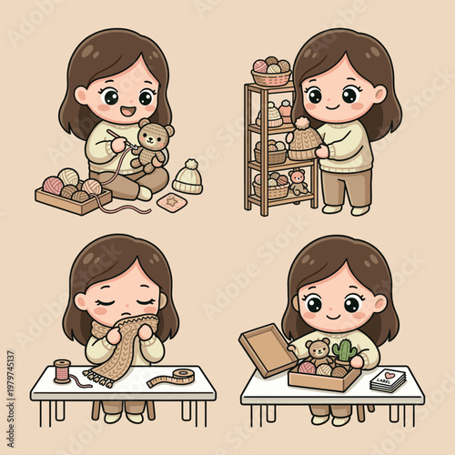 Kawaii girl crochets products with yarn and teddy bears