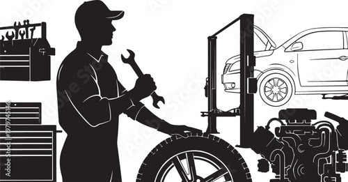 Mechanic working on car tire with tools nearby