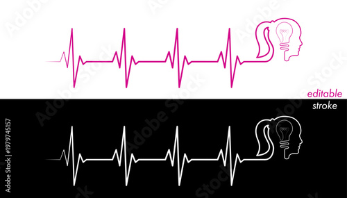 Editable cardiogram monitor, cardio diagnosis, woman head, lightbul vector. Heart rhythm line vector design to use for healthcare, healthy lifestyle, medical strategy, medical business, medical care. 