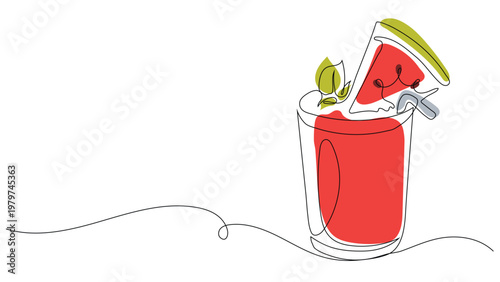 Continuous One Line Drawing of Watermelon Juice Glass with Slice Garnish and Mint
