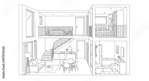 Architectural cutaway interior view drawing of modern home design