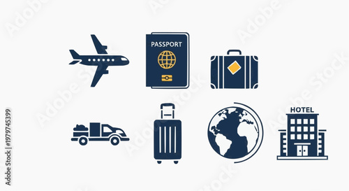 Travel icon set with airplane and passport, flat vector tourism symbols for vacation planning, 7 blue and yellow elements for trip and hotel booking