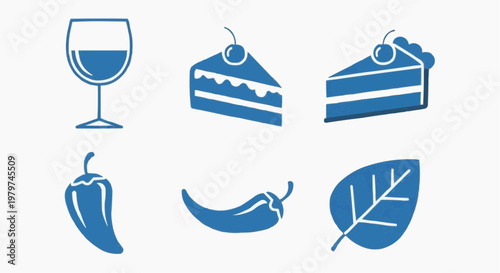 Minimalist blue food icons set, flat vector illustrations of cake slices, wine glass, chili peppers and leaf, restaurant menu graphic elements
