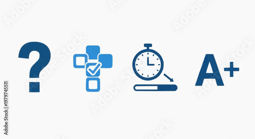 Educational testing icons set, blue academic exam symbols, question mark and stopwatch vector, school grading and test results graphics