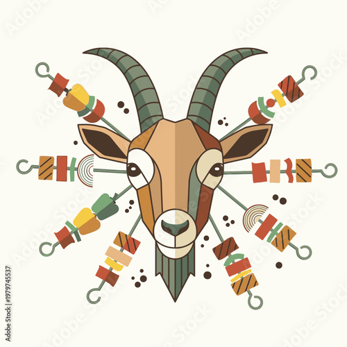 Goat head with colorful skewers around.