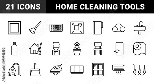 Minimalist housekeeping and home appliance outline icons