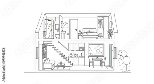 Architectural cross section house illustration interior design outline drawing