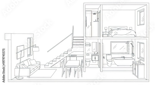 Architectural cross section sketch of a modern house interior with furniture and stairs