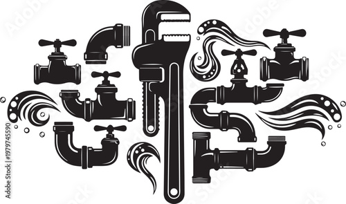 Plumbing tools and pipes in black and white