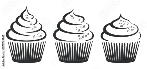Three stylized black and white cupcakes with sprinkles