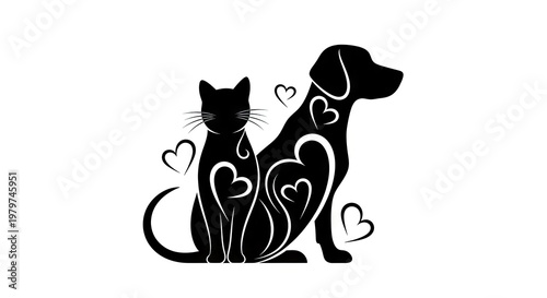 Black cat and dog silhouettes with heart designs on white background