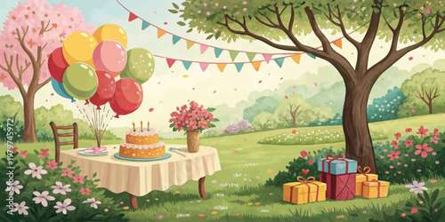 A vibrant illustration of a birthday party setup in a serene outdoor garden with balloons and gifts
