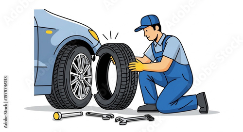 Mechanic replacing a flat car tire with tools nearby.
