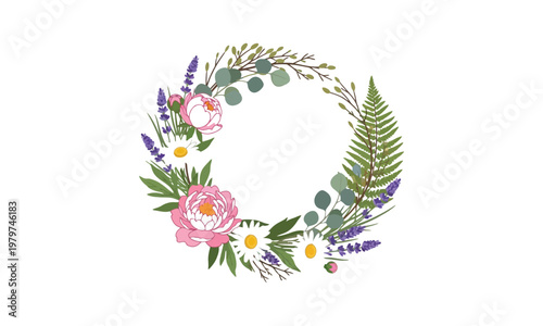floral wreath with pink flowers and greenery on white background