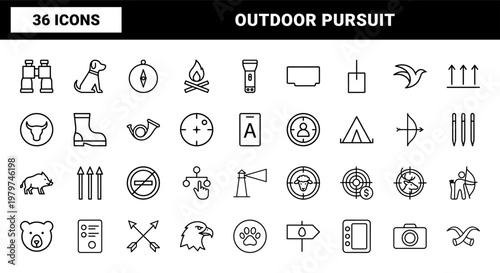 Hunting and wilderness expedition line icons set