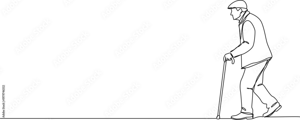 Obraz premium continuous line drawing of senior man walking with cane, line art vector illustration