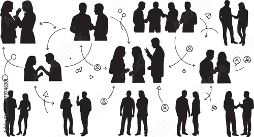 Silhouettes of people interacting in various social connections online