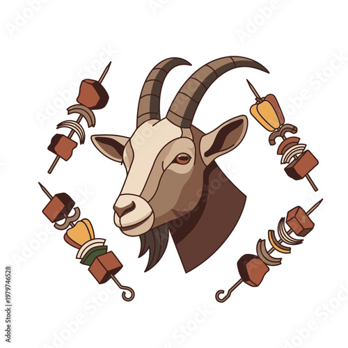 Goat head with meat skewers around.