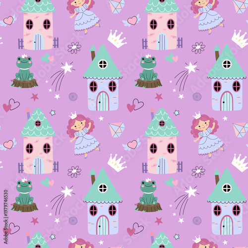 Cute seamless pattern with fairytale houses, frog in a crown, princess and magic elements. Simple pastel kids background