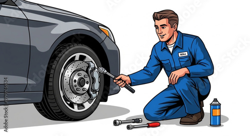 Mechanic Tightening Car Wheel Lug Nuts with Wrench.