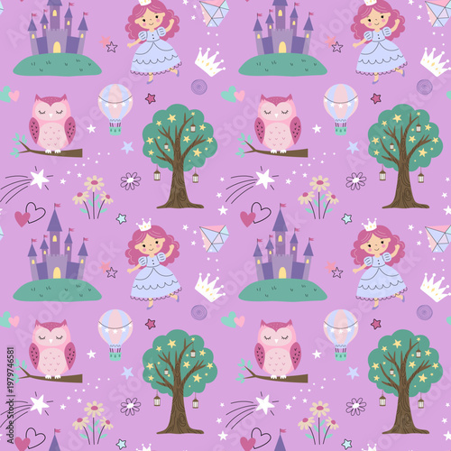 Cute seamless pattern with princess, castle, owl, fairytale elements. Children's kingdom background