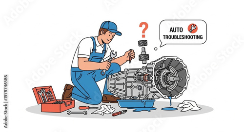 Mechanic troubleshooting car engine transmission repair service.