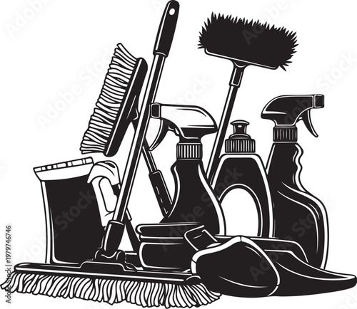 Cleaning supplies and tools in a black illustration style