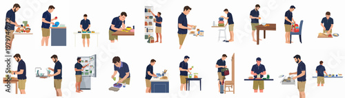 Flat vector illustrations set of a man preparing healthy meals, packing lunch boxes, and organizing food in his kitchen routine.