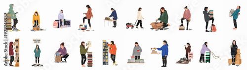 Diverse set of illustrated characters buying, selling, and organizing vintage electronics, video games, and books at a yard sale or thrift market.