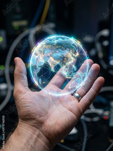 Person Holding Glowing Digital Earth Globe with Light Trails