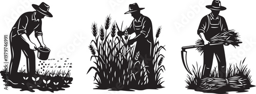 Farmers working in fields with crops and tools illustration