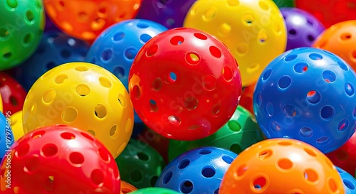 Colorful pickleballs scattered closeup vibrant sport equipment visual