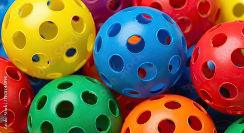 Colorful plastic balls with multiple perforations in various vibrant shades