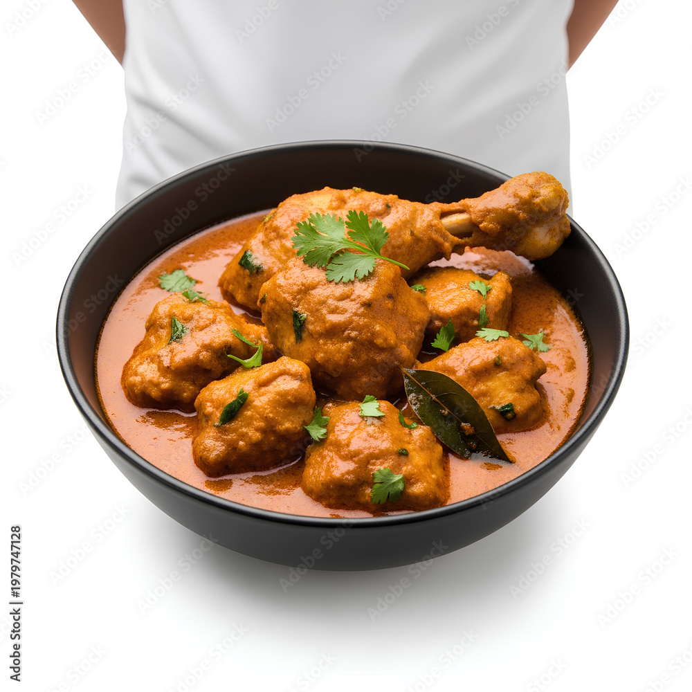 Fototapeta premium Delicious Chicken Curry Dish in a Black Bowl Ready to Serve.