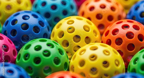 Colorful spheres with holes in various bright shades arranged in close proximity