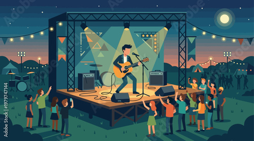 A captivating flat vector illustration of a live music performance on a festival side stage at night, inspired by the Glastonbury Festival atmosphere.
