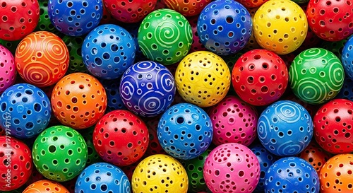 Colorful spheres with intricate patterns and vibrant textures overhead view