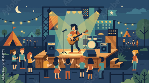 A captivating flat vector illustration of a live music performance on a festival side stage at night, inspired by the Glastonbury Festival atmosphere.