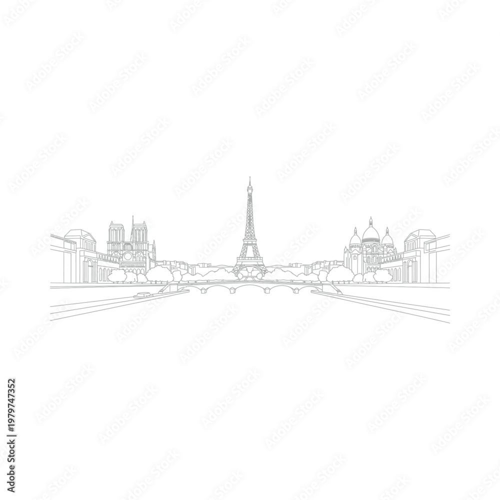 Naklejka premium Eiffel Tower Paris Cityscape Line Drawing.