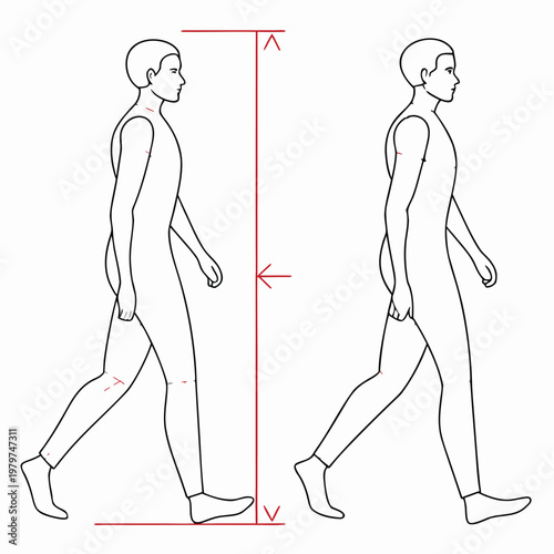 Human anatomy side view showing walking gait and stride measurement